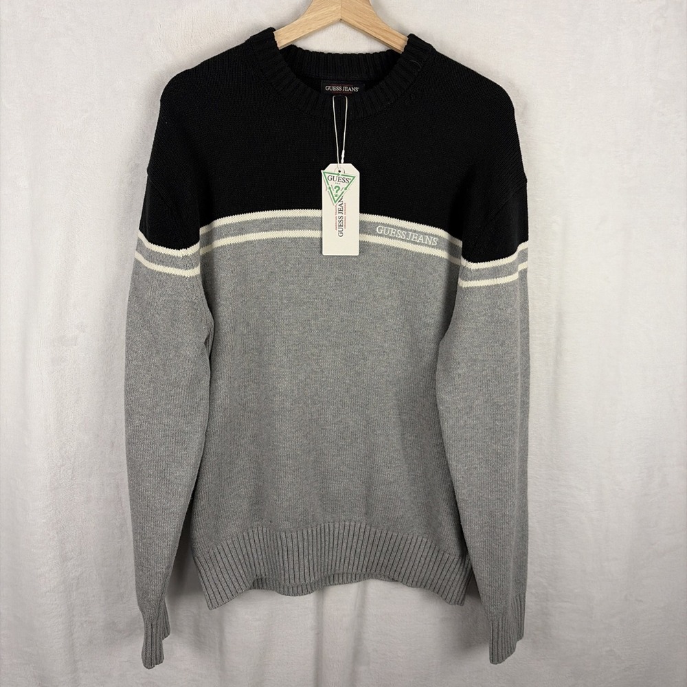 Guess Jeans Crewneck Pullover Colorblock Sweater Gray Black Size Large NWT